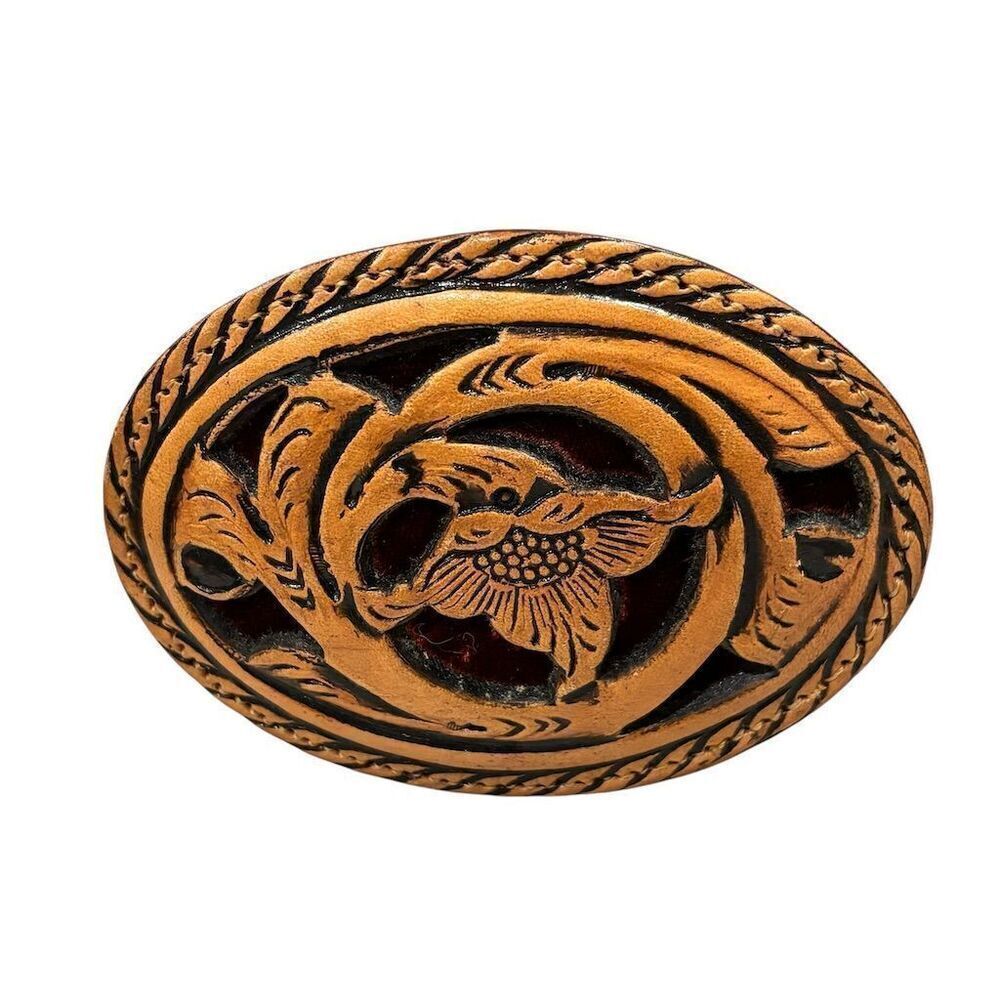 Vintage Tooled Leather Western Belt Buckle Brown